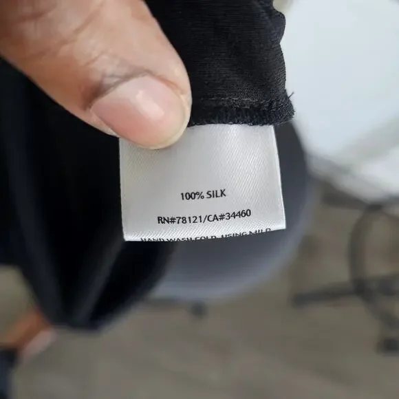 Eileen Fisher Black Faux Wrap Fit & Flare Silk Midi Dress Size M - Picture 6 of 8